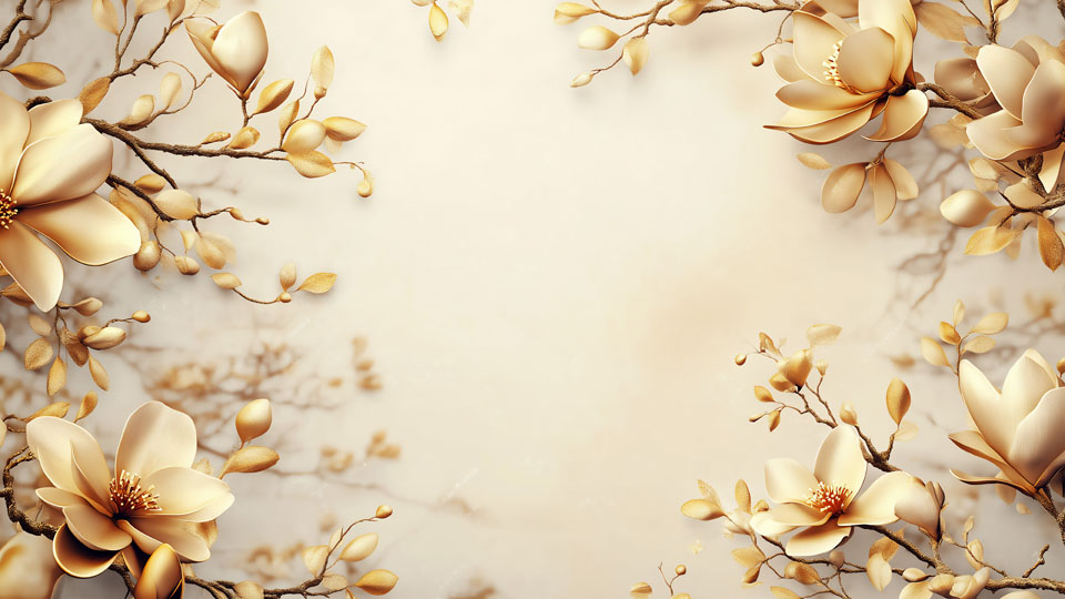 Magnolias and golden accents on beige background