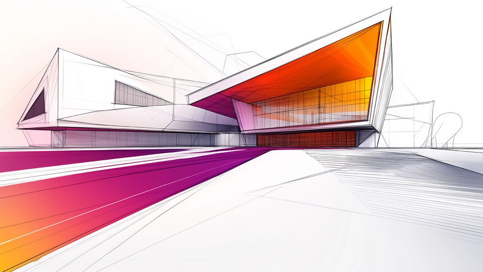 Abstract building with orange and purple lines