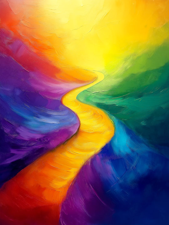 Vibrant rainbow road oil painting