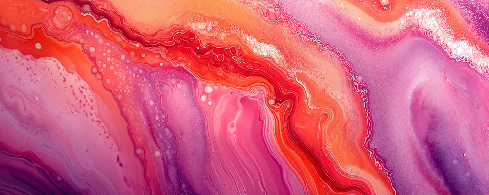 Fluid acrylic painting with vibrant peach and pink waves