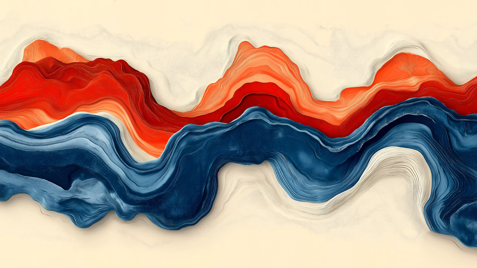 Wave pattern in red, blue, and orange on beige