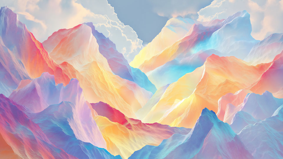 Vibrant digital painting of colorful mountains with pastel hues