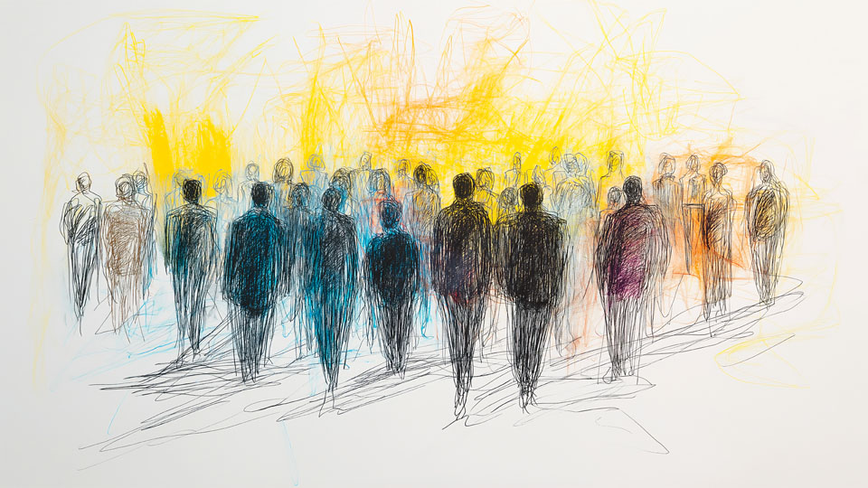 Sketch of people in line with yellow light backdrop