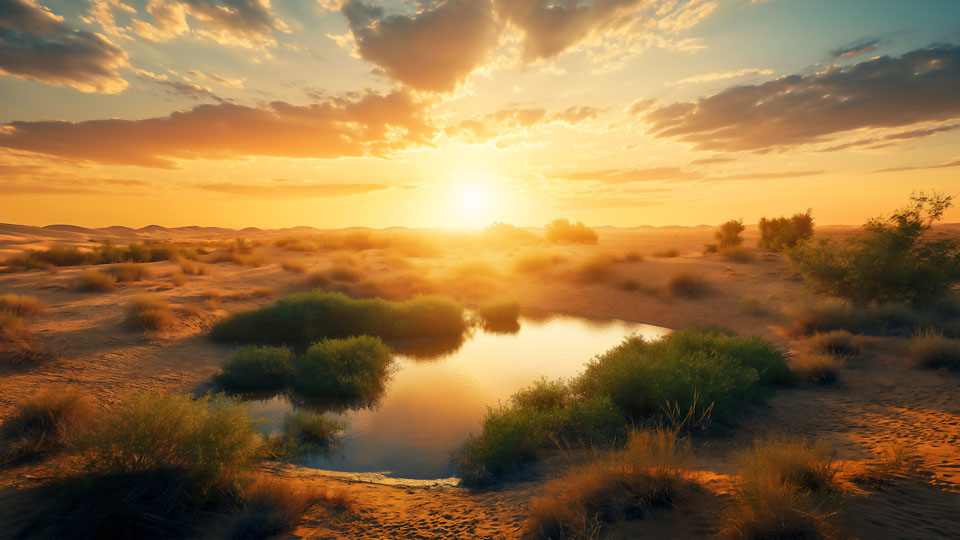 Oasis in a desert under a golden sunset