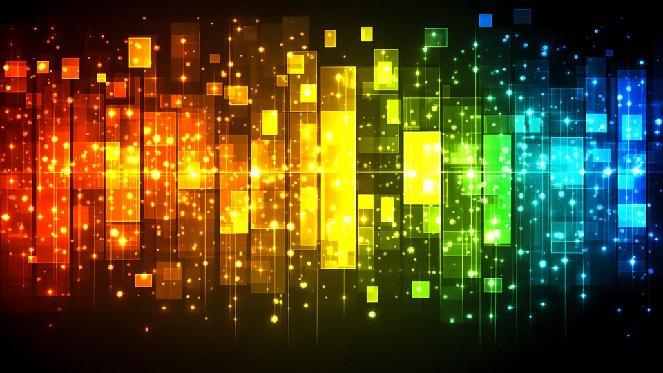 Glowing rainbow squares on black background