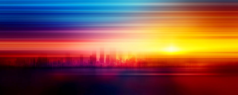 Vibrant urban sunset with abstract skyline