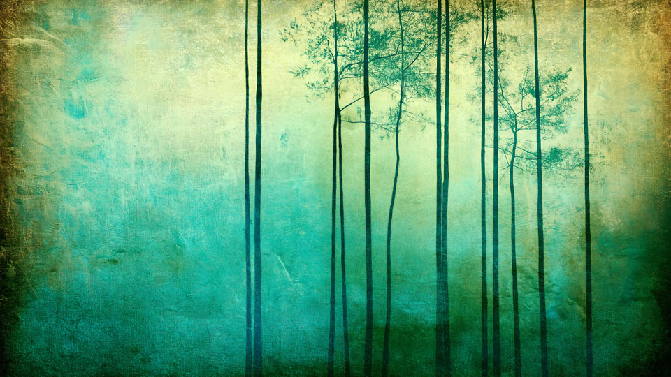 Textured painting of a foggy forest in teal tones