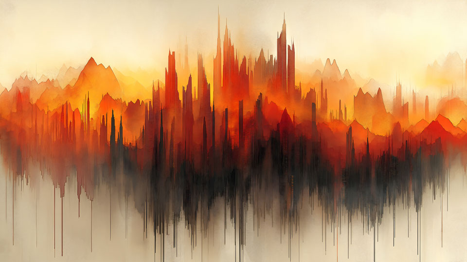 Abstract cityscape digital painting with watercolor sunset