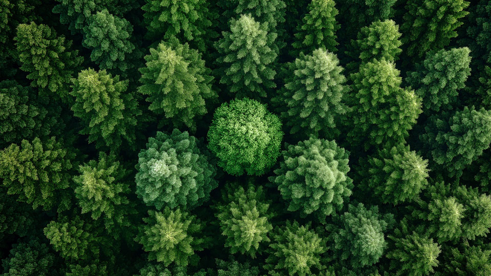 Aerial view of a lush green forest with towering coniferous trees