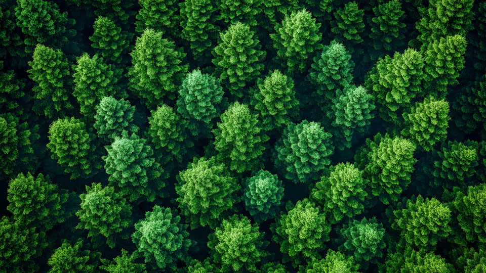 Bird's-eye view of a forest with majestic coniferous trees