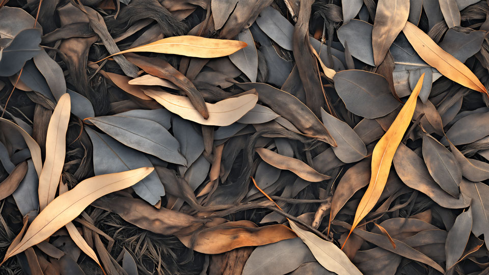 Close-up of dry eucalyptus leaves on the ground