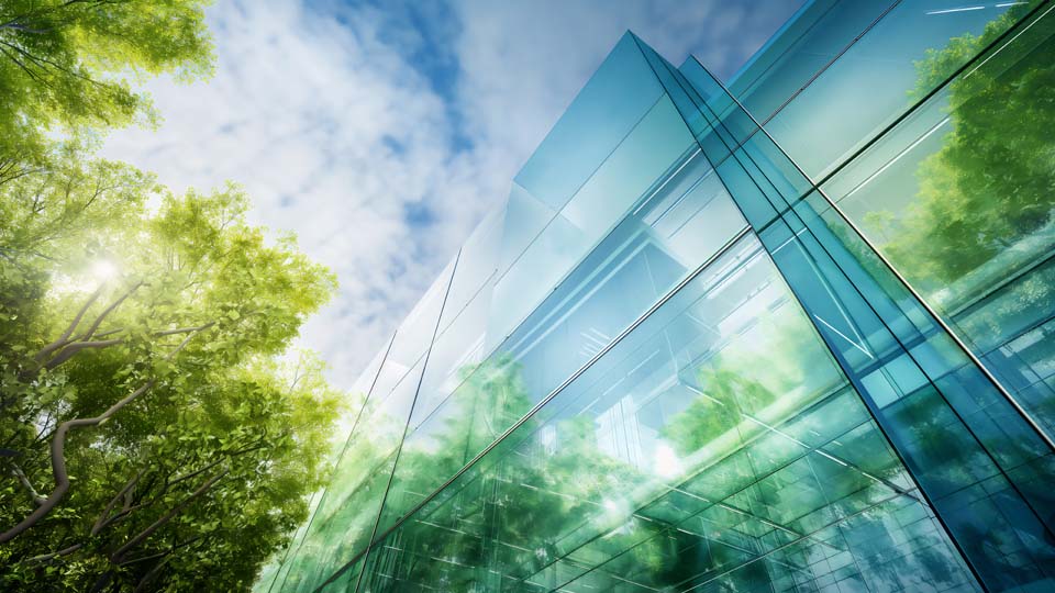 Glass building with green trees and a blue sky