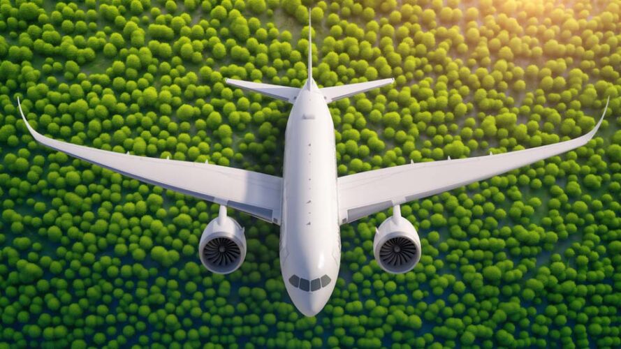 A white airplane flies over the green forest, top view