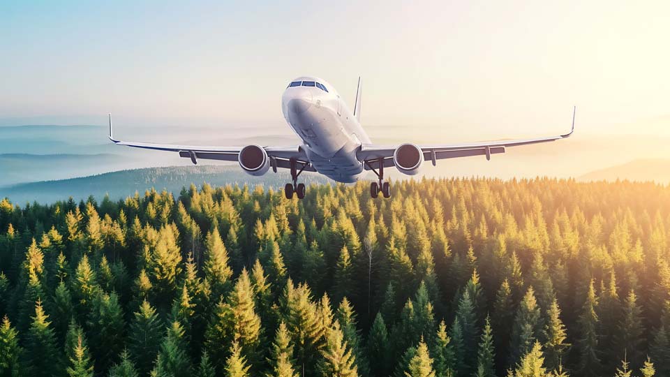 A passenger plane is flying over the forest