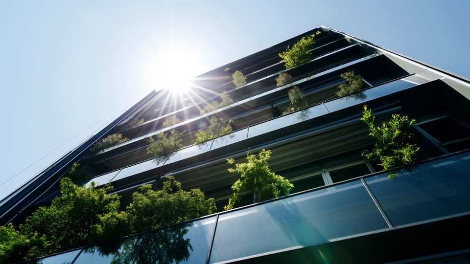 A modern building with green plants