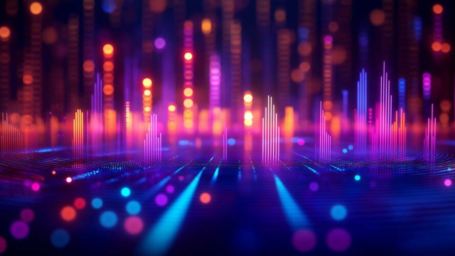 A digital stock market graph with glowing neon lights