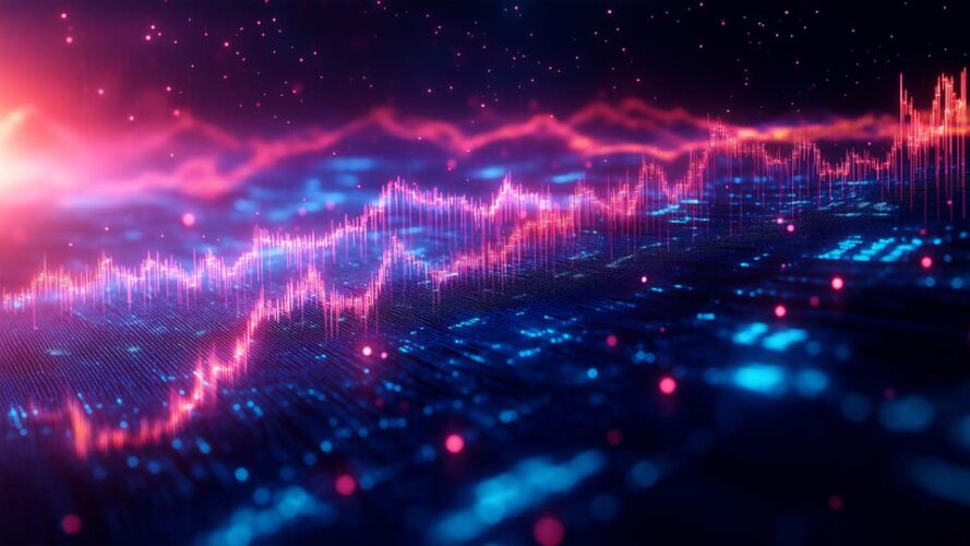 A digital stock market graph with glowing neon lights