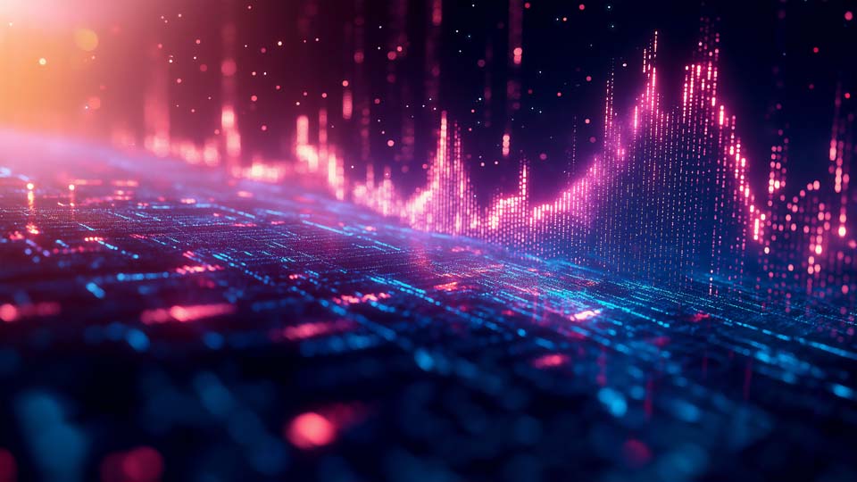 A digital stock market graph with glowing neon lights
