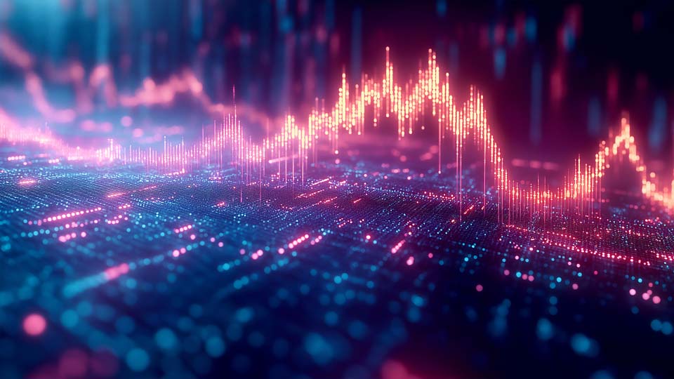 A digital stock market graph with glowing neon lights