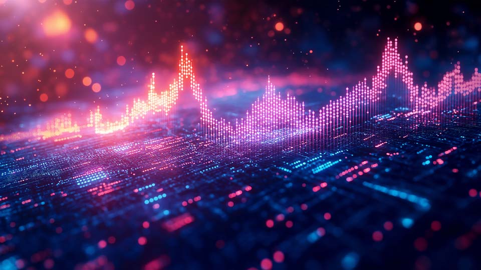 A digital stock market graph with glowing neon lights