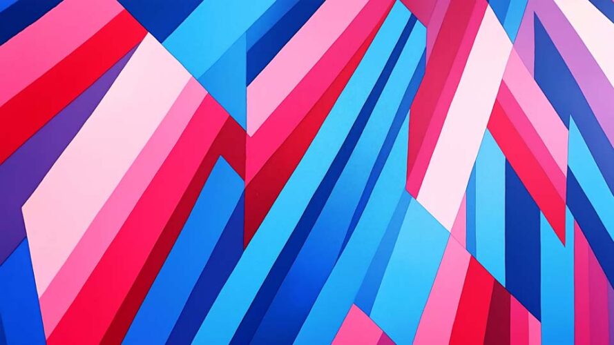 Geometric pattern of overlapping blue, pink and red stripes