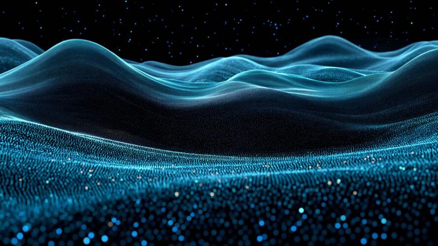Blue glowing wave background with particles, dots, and stars