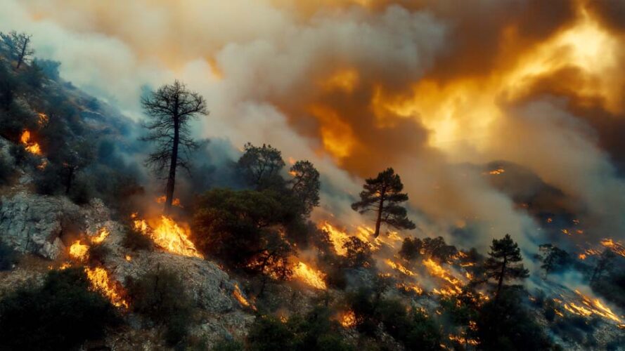 Forest fire is raging in the mountains