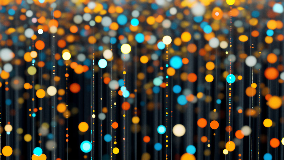 Orange, blue and white dots on black