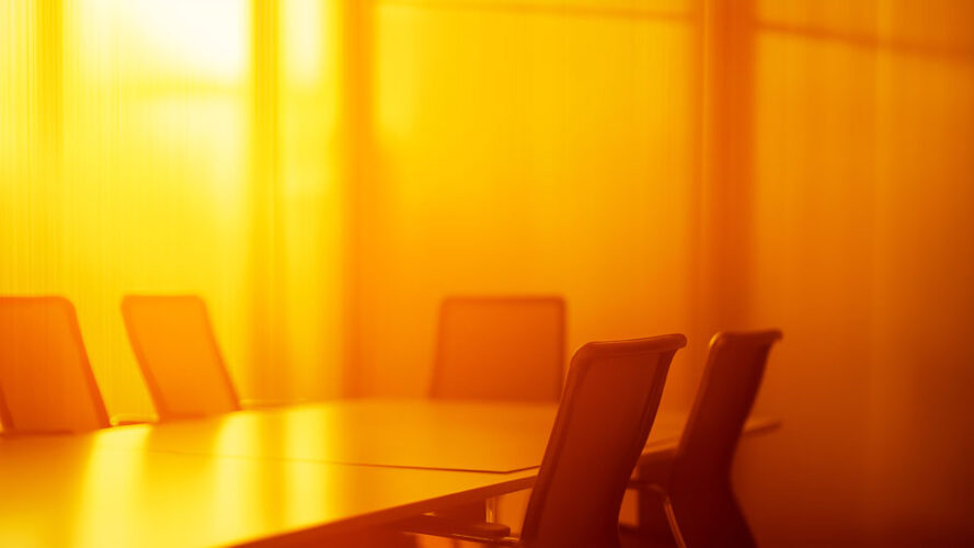 Empty boardroom with chairs and a table bathed in sunlight