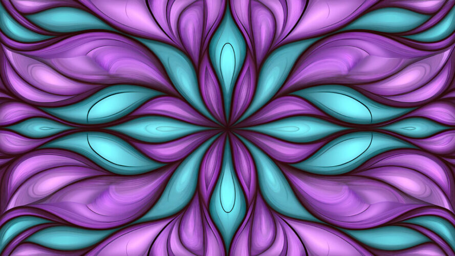 Purple and teal abstract symmetrical flower pattern