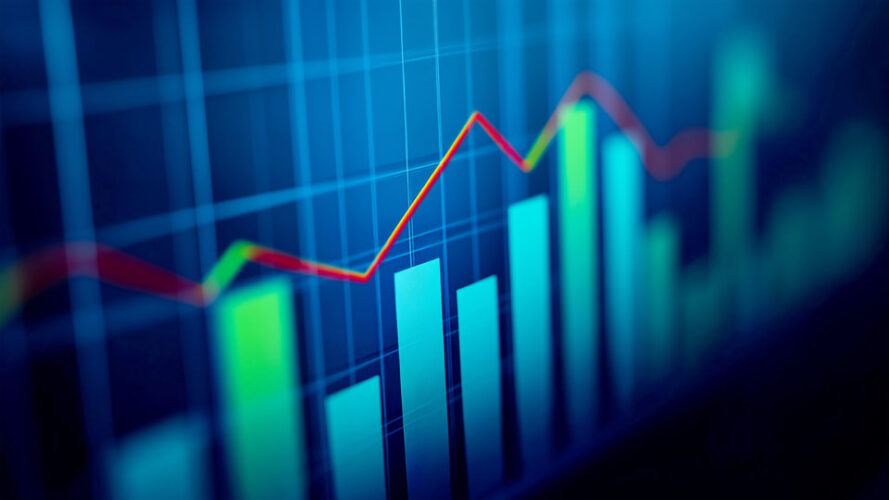 Blue background with a green and red bar graph