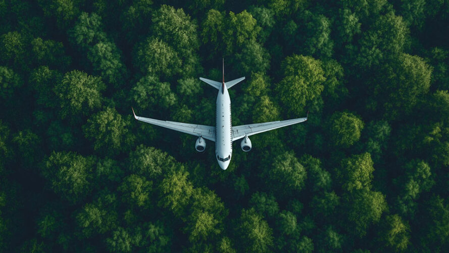 View of an airplane flying over a green forest