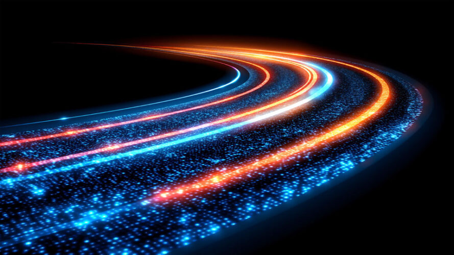 Futuristic digital road made of glowing data points