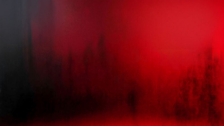 Red background with blurred dark silhouettes