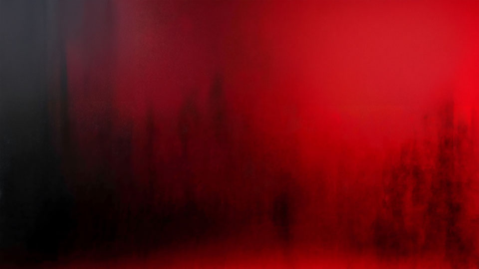 Red background with blurred dark silhouettes