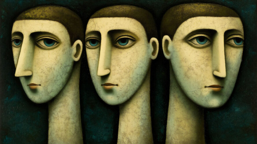 Surrealist painting of three heads