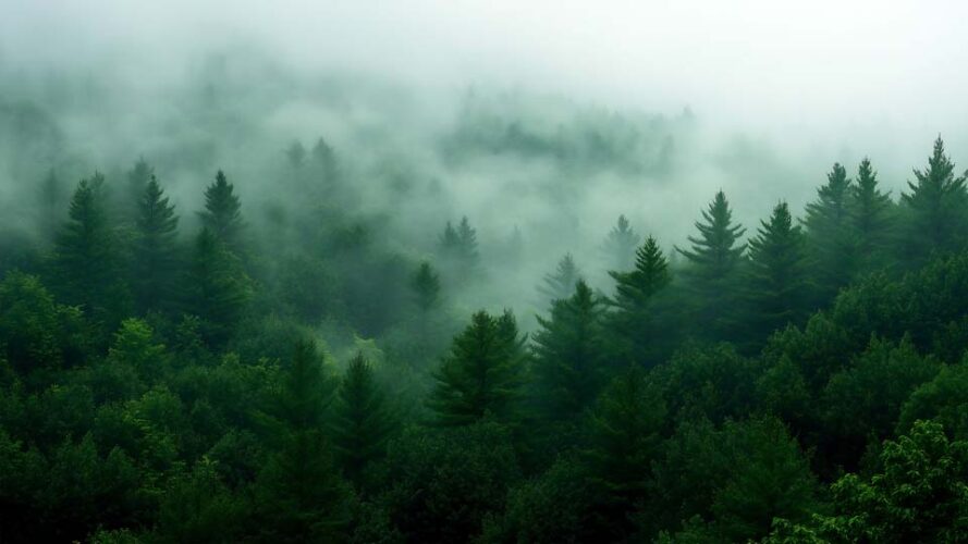 A dense forest shrouded in mist