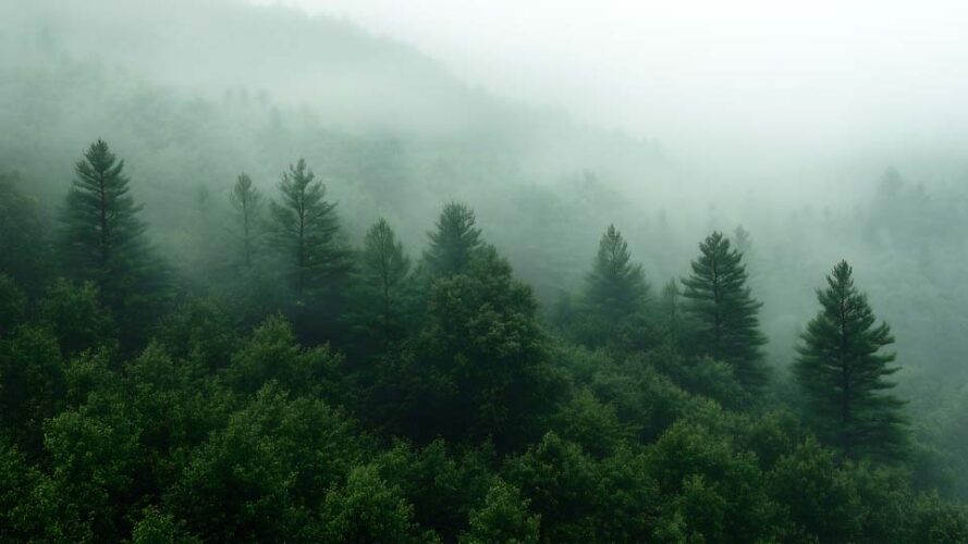 A misty green pine forest