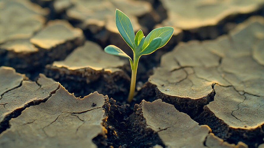 Young plant sprout growing in black soil