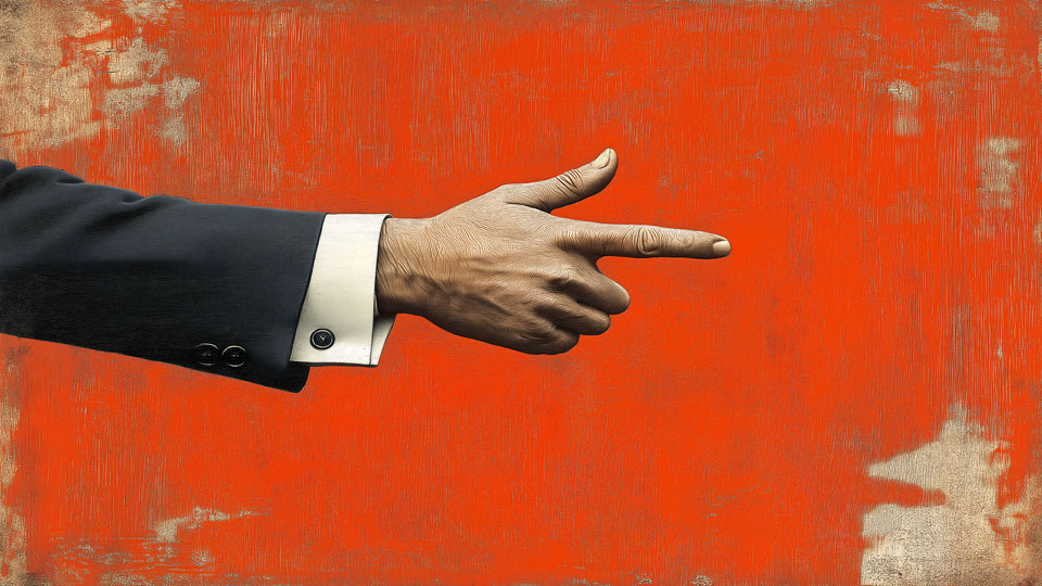 A hand in a suit pointing to the right