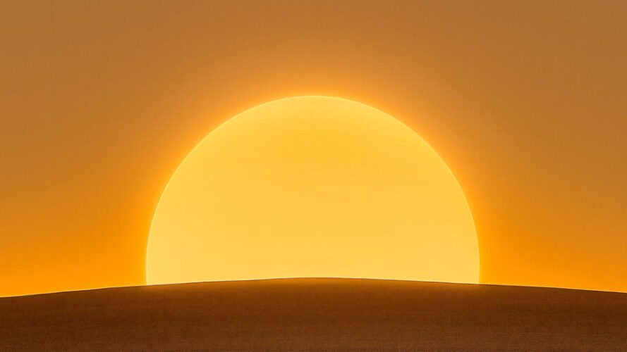 A giant sun setting behind the horizon