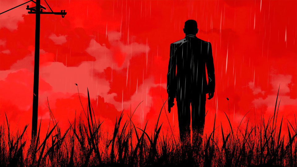 Hitman in a suit standing on grass with a red sky