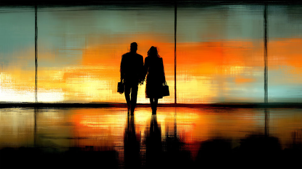 Silhouette of a business couple holding hands
