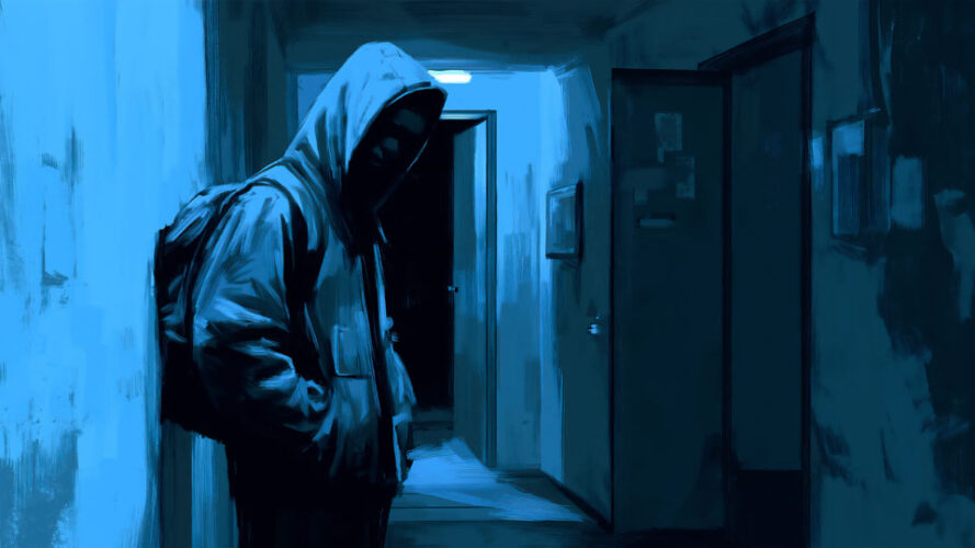 Teenager in a hoodie sneaks through the hallway