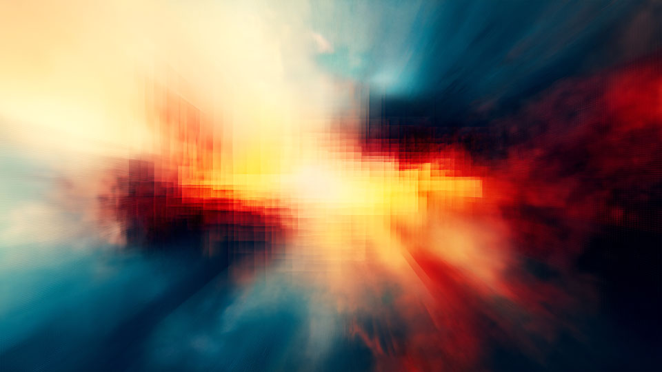 Digital glitchy cityscape with sunrise blur