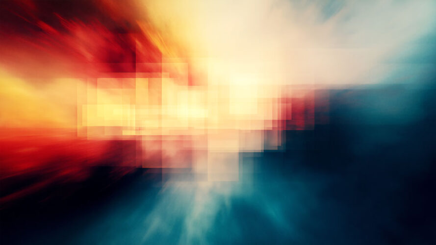 City background with digital glitches and blur