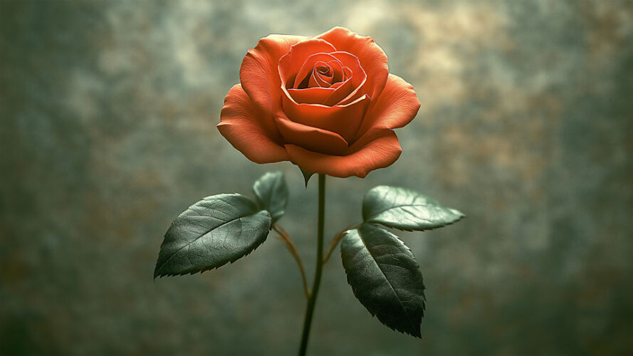 Red rose with an orange hue with dark green leaves