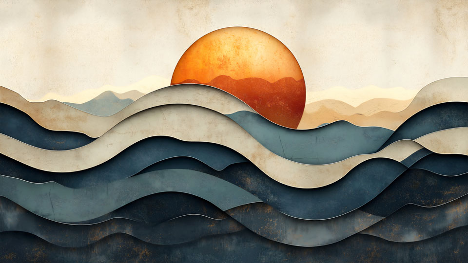 Abstract sea and sun with layered paper art style