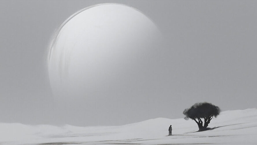 Moonlit desert with solitary figure and tree