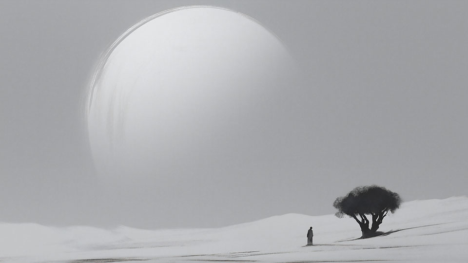 Moonlit desert with solitary figure and tree